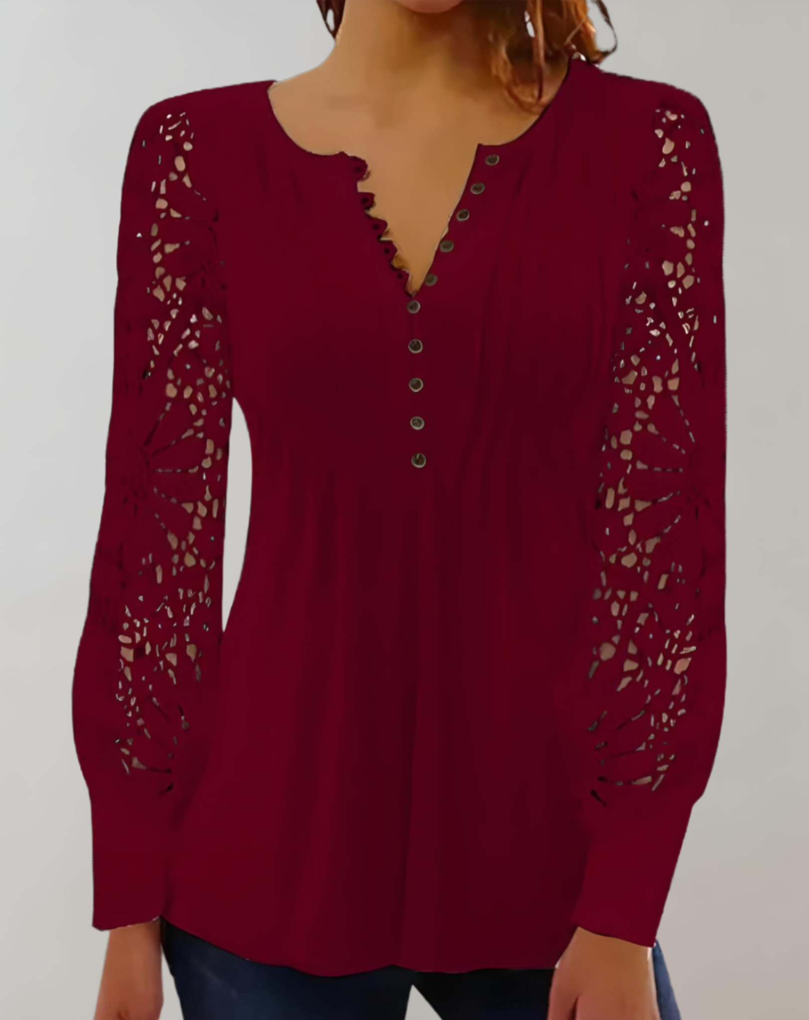 Cila- elegant long sleeve lace top with half button placket