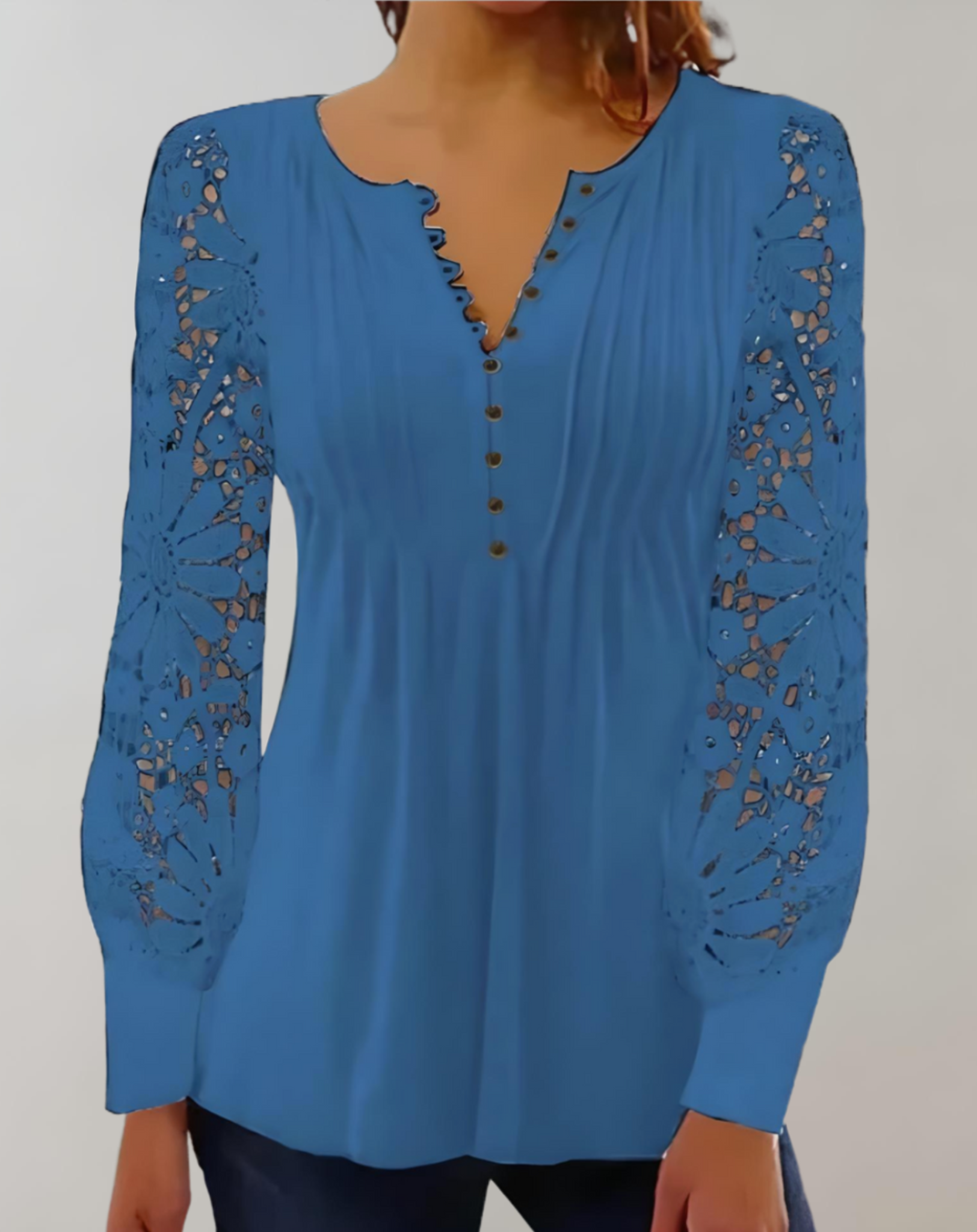 Cila- elegant long sleeve lace top with half button placket