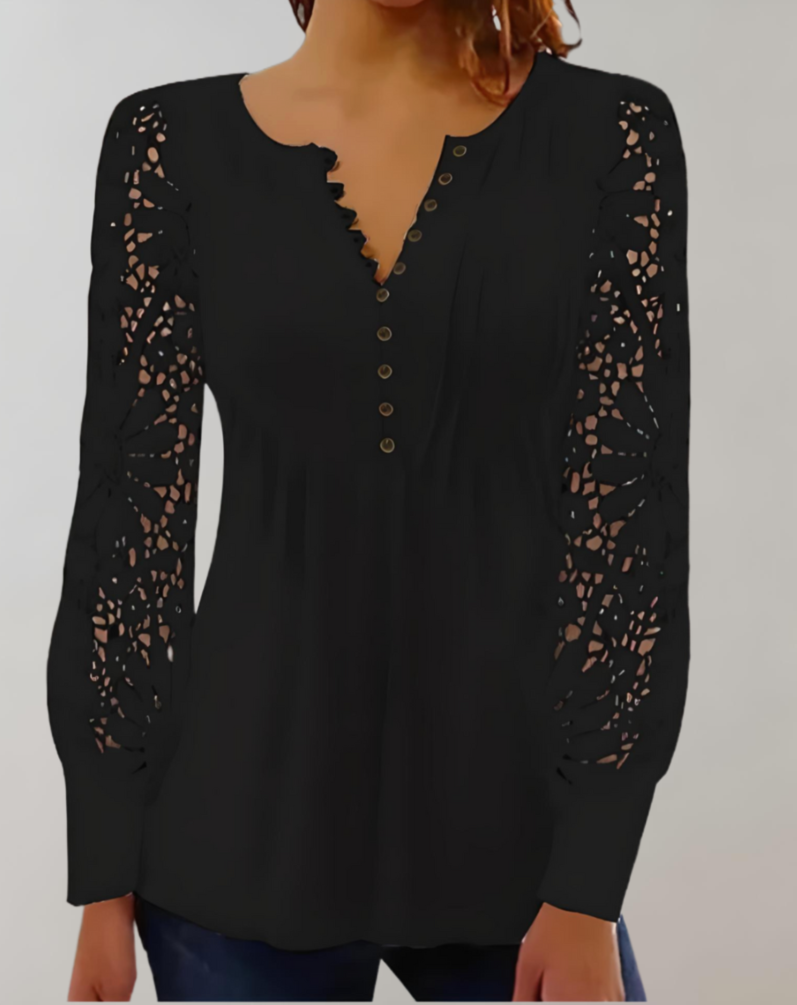 Cila- elegant long sleeve lace top with half button placket